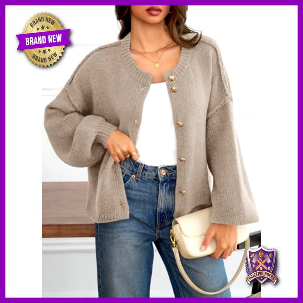 Oversized Chunky Knit Cardigan, Lantern Sleeves, Button Front, Fall Winter - Picture 2 of 7